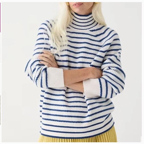 J Crew Women's XXS 100% Cashmere Ribbed Turtleneck Sweater Stripes Blue White - Picture 1 of 14